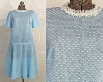 Vintage Baby Blue Drop Waist Dress 60s Mod Lace Trim Scooter Twiggy Short Sleeve 1960s Mid-Century Wedding Prom Large