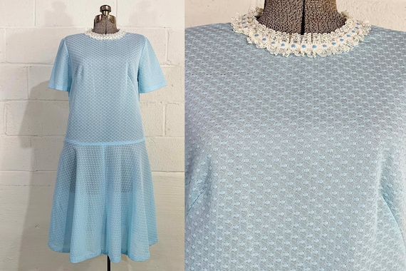 Vintage Baby Blue Drop Waist Dress 60s Mod Lace Trim Scooter Twiggy Short Sleeve 1960s Mid-Century Wedding Prom Large