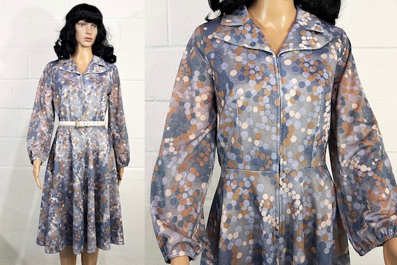 Vintage Blue Polka Dot Dress Tan Brown Beige Dagger Collar Peasant Long Sleeves Fit & Flare 1960s 1970s Mid-Century Mod Wedding Guest Medium
