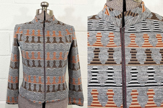 Vintage Gray Structured Top Chess Piece Rook Long Sleeves Mod Metal Zipper 1960s 60s Small XS