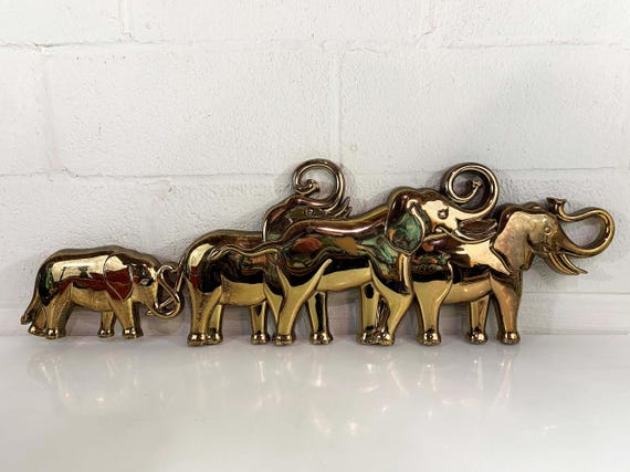 Vintage Elephants Syroco Wall Hanging Elephant Family Sculpture Extra Large Metallic Gold Trunk Up Good Luck Nursery Kid's Room Decor 1980s
