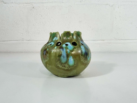 Vintage Votive Candle Holder Fairy Lamp Tea Light Monterey Jade Pottery Green 1960s