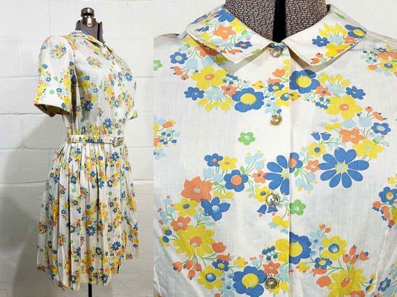 Vintage Floral Shirt Dress by Jane Hunter Cotton Day Dress Patio Frock Pleated Fit & Flare 1950s 1960s Medium
