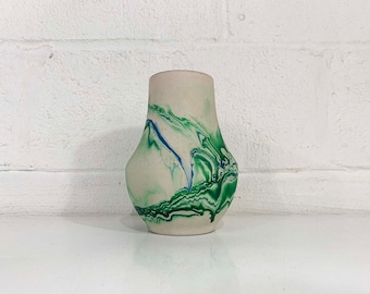 Vintage Nemadji Art Pottery Small Vase Swirl Handmade USA Large Flower Bud Green Blue Swirl Vanity Seven Falls Colorado MCM 1970s