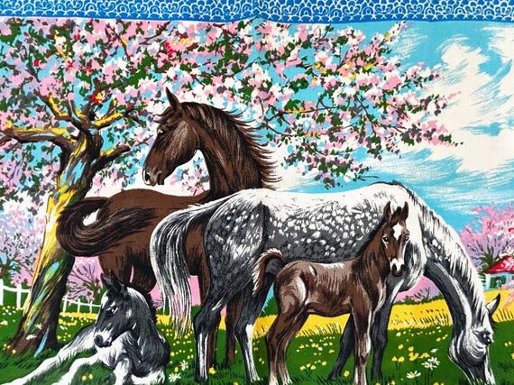 Vintage 1970 Horses Calendar Tea Towel - Mid-Century Kitchen Decor
