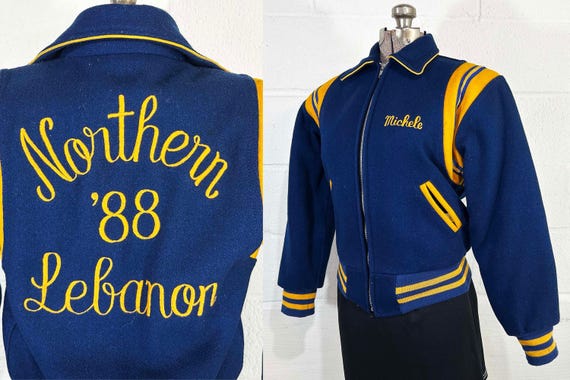 Vintage 1988 Northern Lebanon Varsity Jacket Yellow Chain Stitch Dark Blue Navy Wool Cropped Long Sleeve Michele Letterman Coat 1980s Small