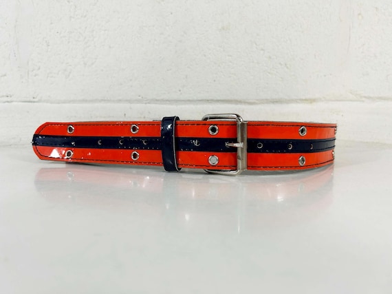 Vintage Mod Striped Belt Patent Faux Leather Orange Navy Blue Metal Buckle 1960s 1970s