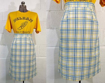 Vintage Blue Yellow Plaid Skirt A-Line Country Set Boho Academic Preppy 1970s 70s Small XS