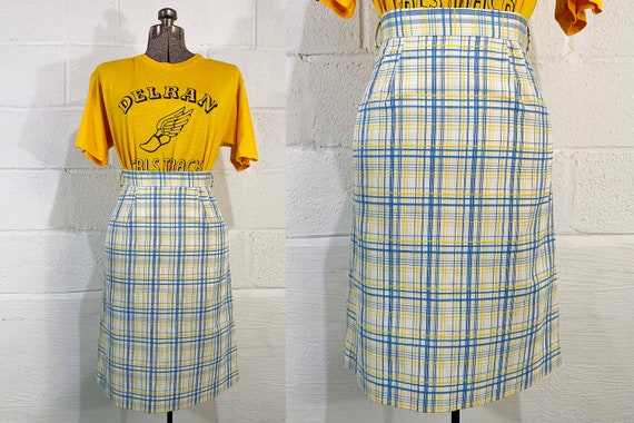 Vintage Blue Yellow Plaid Skirt A-Line Country Set Boho Academic Preppy 1970s 70s Small XS