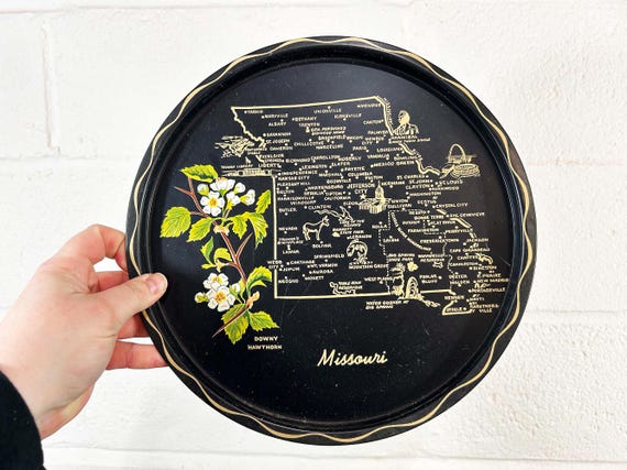 Vintage Missouri State Souvenir Drink Tray –  Barware Map Floral 1970s
