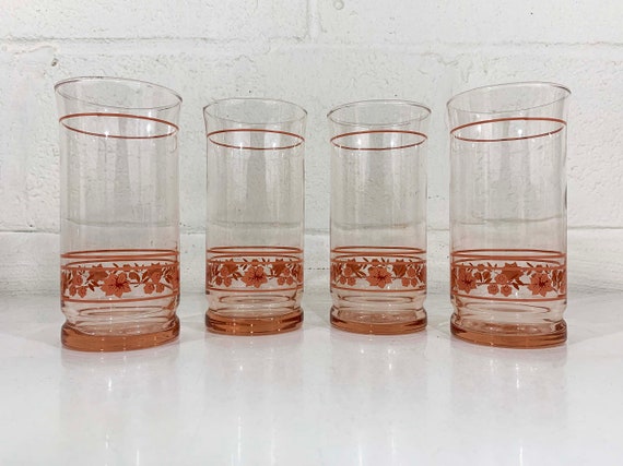 Vintage Floral Glasses Flower Glass Set of 4 Pink Libbey Floral Pattern 1980s Cherry Blossom Flowers Retro Home Kitchen Colorful Cottage