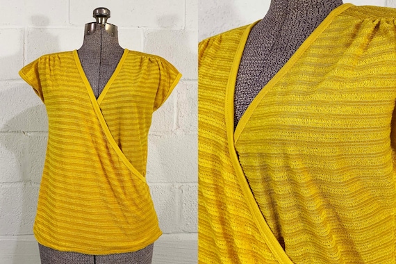 Vintage Mustard Yellow Wrap Top Mod 1970s 70s Short Sleeve Shirt Blouse Ribbed Knit Helen Sue Small Medium