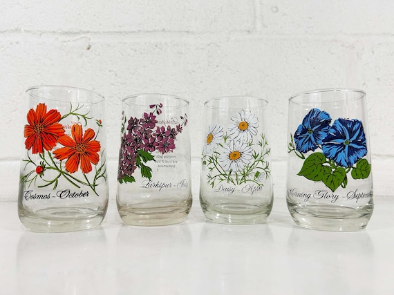 Vintage Birth Month Flower Glassware October July April September Birthday Water Glass Horoscope