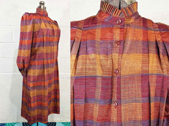 Vintage 70s Autumn Plaid Dress Nancy Greer Shirt Style Blouse Peasant Long Sleeves 1970s Large