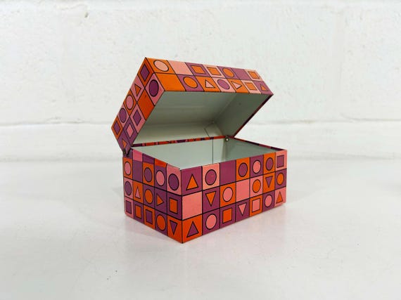 Vintage Metal Recipe Box Pink Colorful Mod Geometric 1960s Syndicate Manufacturing Tin USA Mid Century Recipes Phoenixville