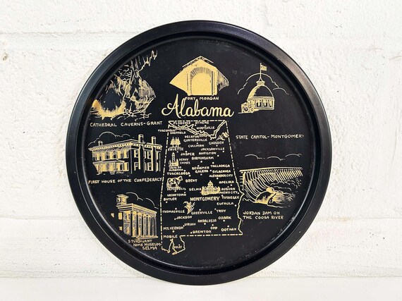 Vintage Metal Alabama Drink Tray Plate Souvenir Retro Tourist South MCM Mid-Century Barware Bar Norex 1970s