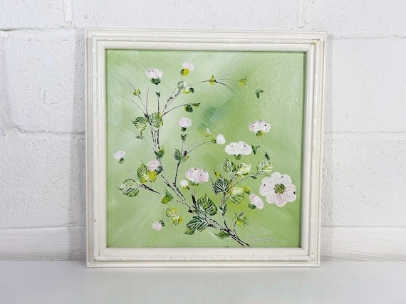 Vintage Framed Floral Original Painting Art J. Allen Boucher Flower Frame Painted Wall Decor Oil Acrylic Cherry Blossom 1970s