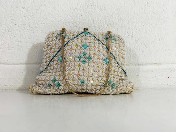 Vintage Beaded Purse 1950s Petite Bead Bag Wedding Kisslock Beads Chain Handle Sequined