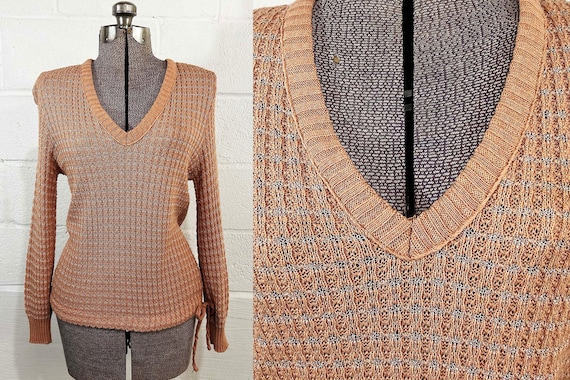 Vintage Loose Knit V Neck Sweater Long Sleeve Pullover Tan Beige Neutral Devon 1970s 1980s Medium