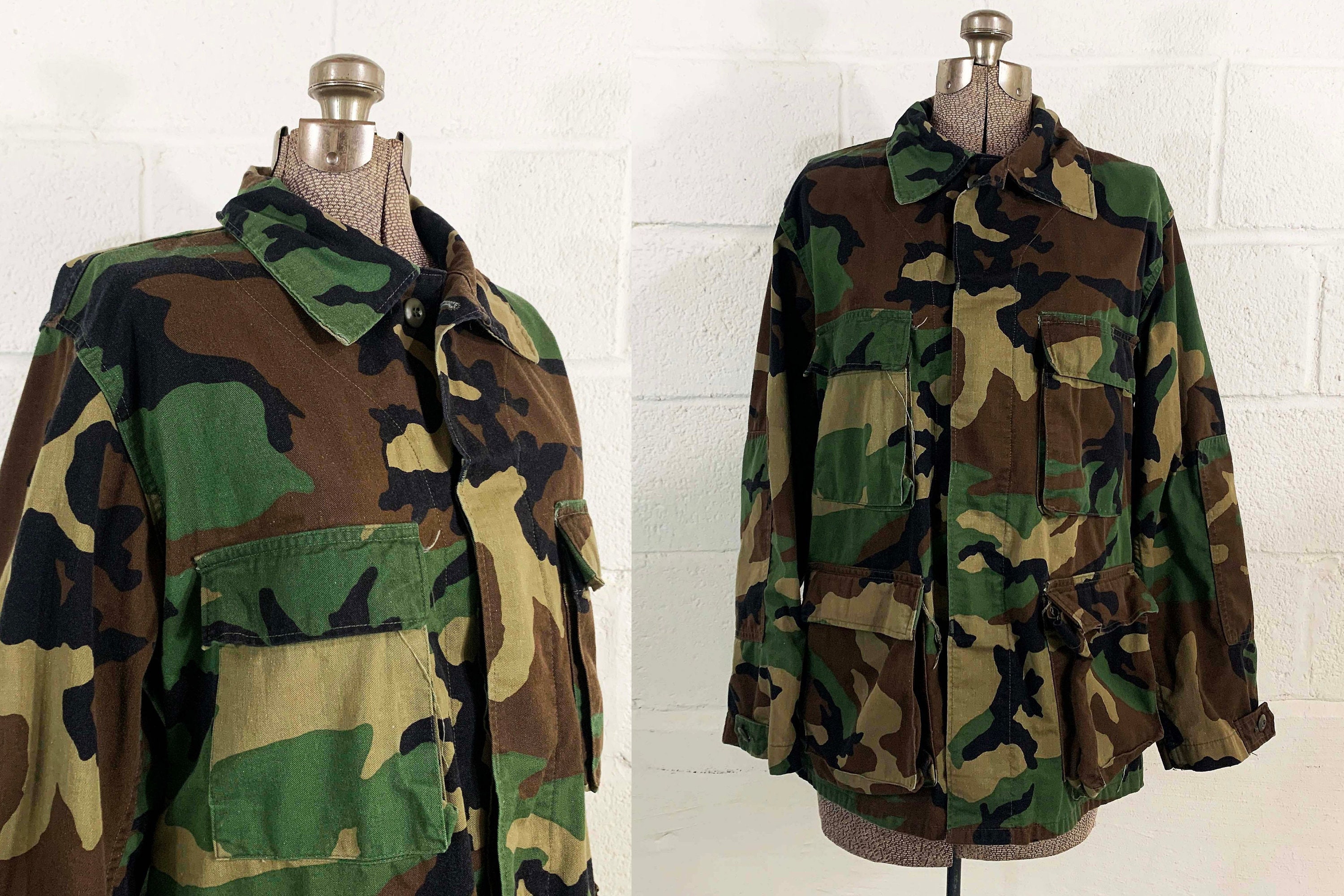 Vintage Army Camo Jacket Canvas Cargo Green Brown Black Hipster Cotton