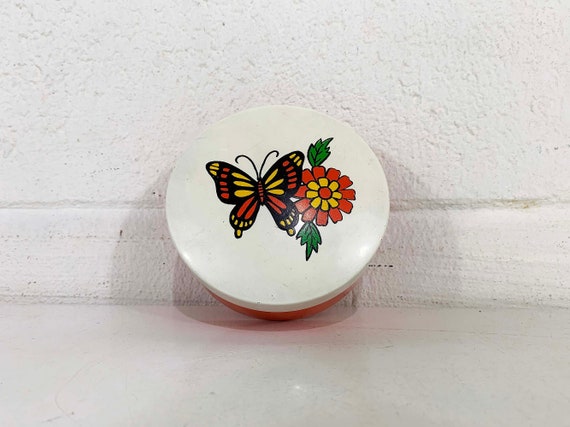 Vintage Butterfly Floral Box Plastic Mid-Century Modern Lacquer Ware Orange 1970s 70s Colorful Dopamine Decor Storage