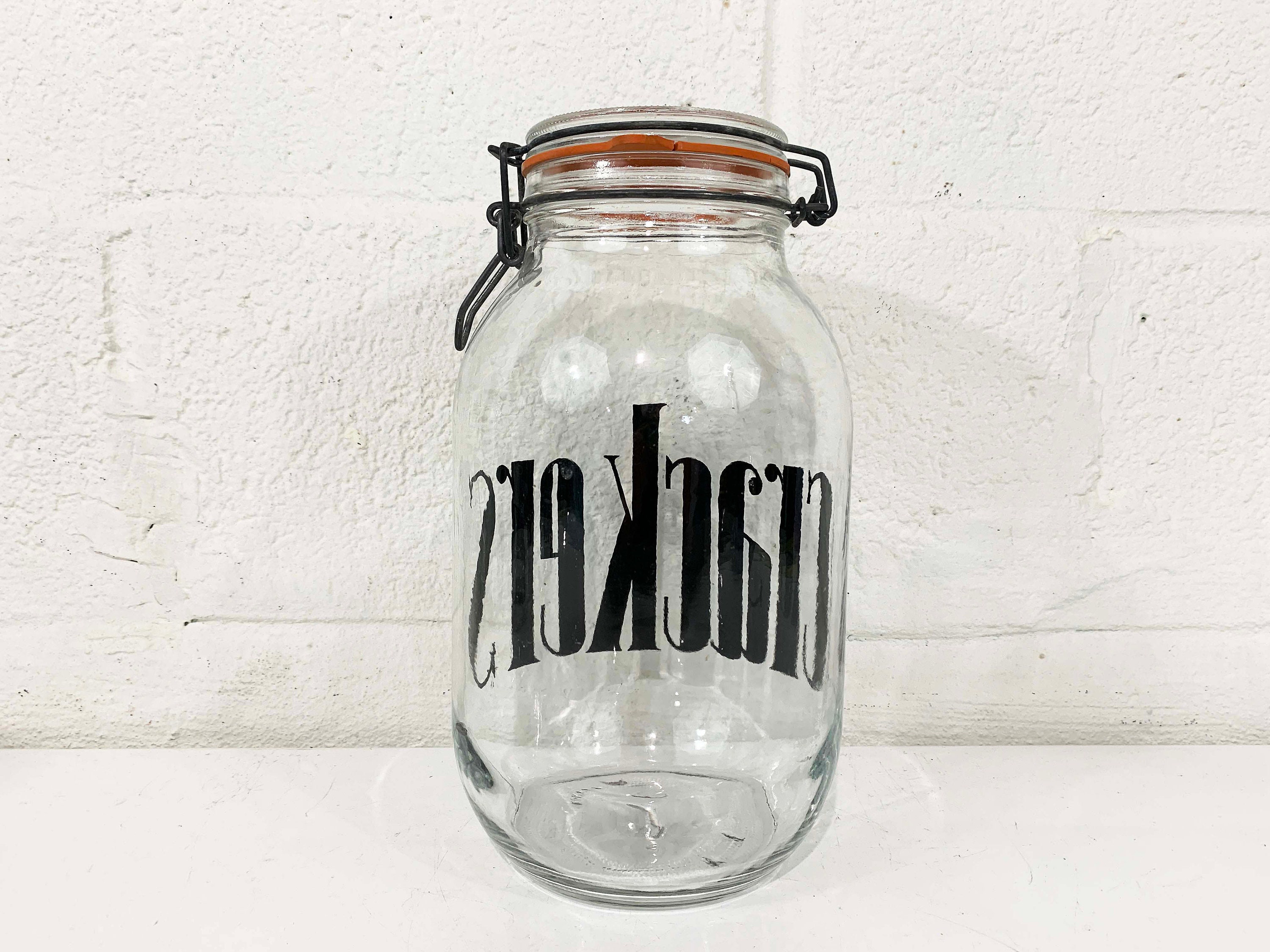 Vintage Glass Cracker Jar Kitchen Canister MCM Typography Storage 3 Liter Glass Crackers France