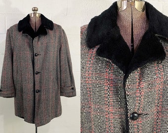 Vintage Tweed Winter Coat Peacoat Hipster John Blair Jacket Outdoor Black Red Gray Faux Fur Lined Pea Coat 1960s 1970s XL Large