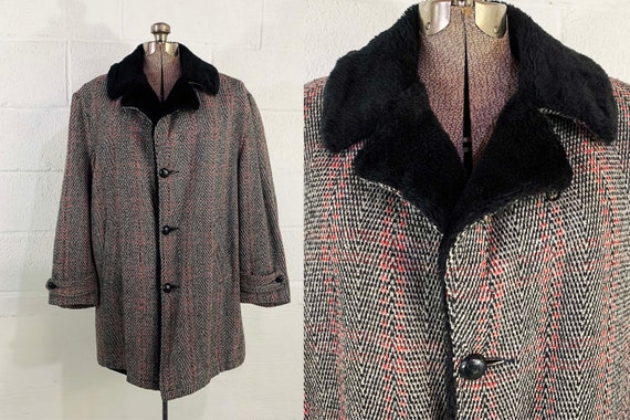 Vintage Tweed Winter Coat Peacoat Hipster John Blair Jacket Outdoor Black Red Gray Faux Fur Lined Pea Coat 1960s 1970s XL Large