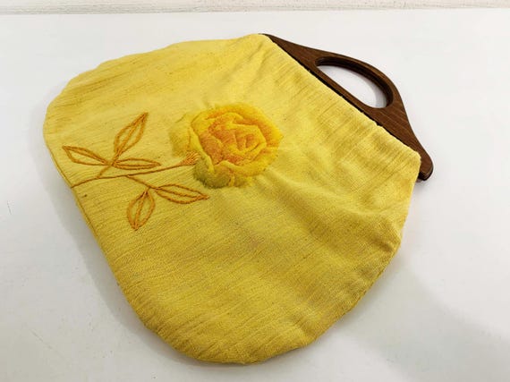 Vintage Sewing Bag Reversible Fabric Purse Handbag Wood Handle Yellow Orange Butterfly Rose 1970s 1960s