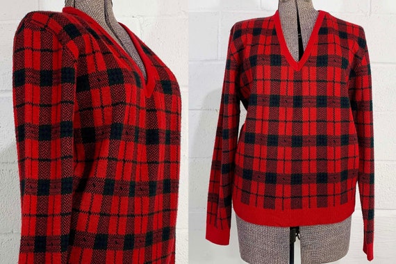 Vintage Royal Jeff Red Plaid V-Neck Sweater Ski Pullover Long Sleeve Knit Twin Peaks Fair Isle Hygge Medium Large XL 1960s 1970s