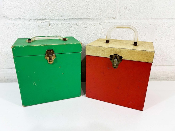 Vintage Metal 45 Box Record Case Holder Storage Mid-Century Retro Music Musical Red Beige Plastic Handle