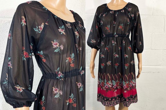 Vintage Floral Dress Sheer Peasant Sleeves Black Pink Wedding Bridesmaid 1980s Medium