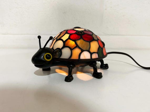Vintage Quoizel Ladybug Lamp, Stained Glass Whimsical Decor