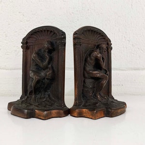 Vintage Cast Metal Art Deco Thinking Man Bookends The Thinker Figurine Home Decor Bookcase Book Shelf 1940s 1950s image 1