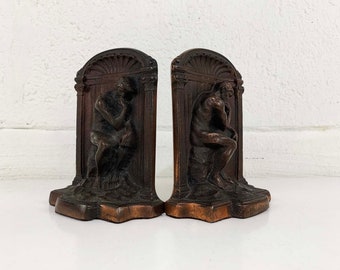 Vintage Cast Metal Art Deco Thinking Man Bookends The Thinker Figurine Home Decor Bookcase Book Shelf 1940s 1950s