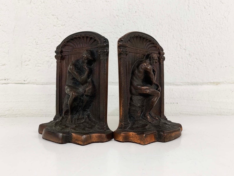 Vintage Cast Metal Art Deco Thinking Man Bookends The Thinker Figurine Home Decor Bookcase Book Shelf 1940s 1950s image 1