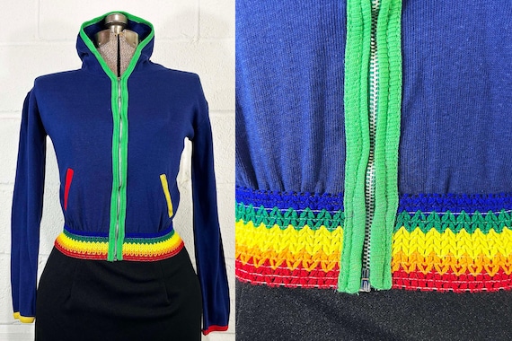 Vintage Rainbow Track Jacket 100% Cotton Cropped Roller Rink Lightweight Sportswear Festival Hippie Hood Color Block 1980s 1970s Small XS