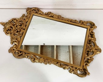 Vintage Gold Mirror Plastic Ornate Square Frame Mid-Century Romanesque Baroque Victorian Dopamine Decor Hollywood Regency Rococo 1960s 1970s