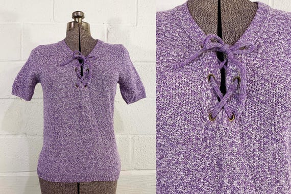 Vintage Sweater Pullover Pastel Purple White 1970s 70s Tie Neck Short Sleeve Knit Miss Scotch English Small