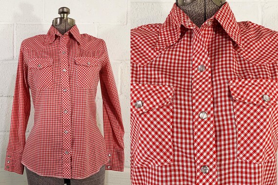 Vintage Wrangler Western Shirt Cowboy Rodeo Gingham Checked Pearl Snap Plaid Cowgirl West USA Long Sleeve 1970s Medium