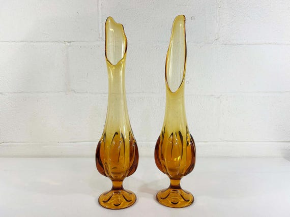 Vintage Amber Swung Glass Vase: Mid-Century Modern Viking Honey Vase