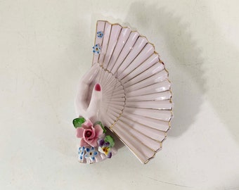 Vintage Hand Fan Ashtray Vanity Dish Jewelry Ring Holder Trinket Bowl Pink White Green Gold Painted Flowers Japan Mid-Century 1950s