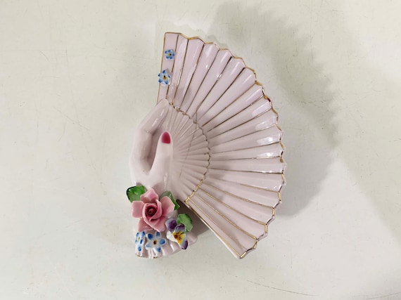 Vintage Hand Fan Ashtray Vanity Dish Jewelry Ring Holder Trinket Bowl Pink White Green Gold Painted Flowers Japan Mid-Century 1950s