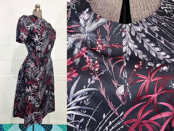 Vintage Dark Gray Floral Dress Tropical Flowers Shift Burgundy Butterflies Secretary Day Dress 1970s 1980s Large