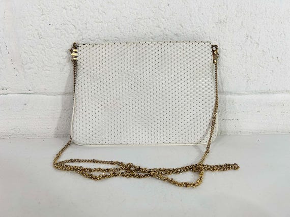 Vintage White Mini Bag Structured Handbag Cocktail Purse Robert Bestien Metal Chain Strap Envelope Crossbody 1970s 1960s