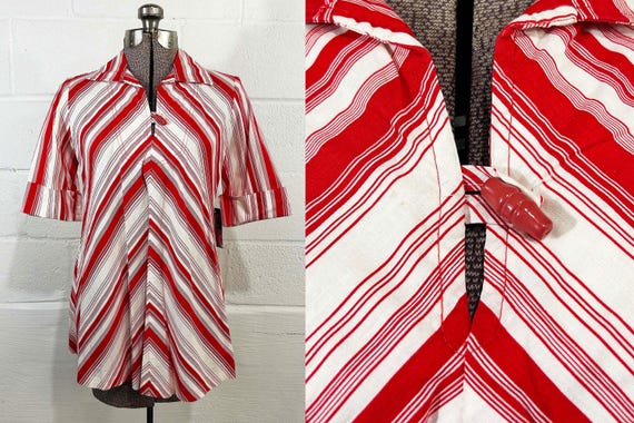 Vintage Red Chevron Stripe Maternity Shirt Short Sleeve Mod Trapeze Bell Shaped Top Pointed Collar 70s 1970s Medium Large