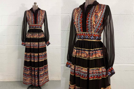 Vintage Brown Maxi Dress Long Sheer Bishop Sleeves Paisley Floral Hostess Gown 1960s 60s Dopamine Dressing 1970s 70s Prom Formal XS