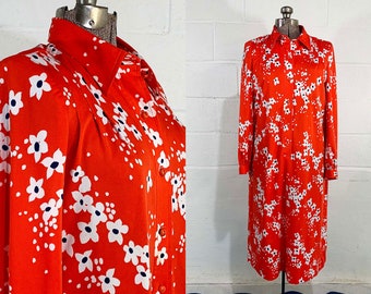 Vintage Red Floral Dress Long Sleeve Shirt Dress Button Front Shift Sleeves Mod Dopamine Dressing 1980s 1970s XL