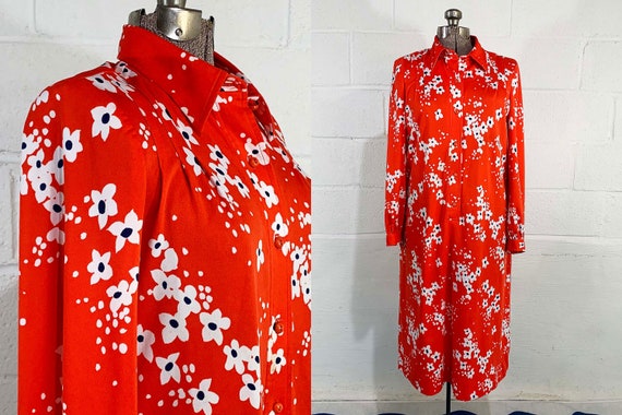 Vintage Red Floral Dress Long Sleeve Shirt Dress Button Front Shift Sleeves Mod Dopamine Dressing 1980s 1970s XL