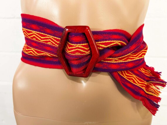Vintage Boho Belt Boho Liz Claiborne Woven Red Orange Stripes Belt Western Cowgirl Southwestern Plastic Buckle Large 1960s 1970s
